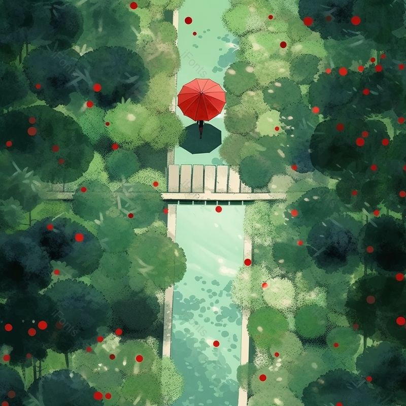绿色雨天红伞林间穿过插画背景壁纸,插画/手绘图,插画/手绘图库,插画/手绘图下载,插画/手绘